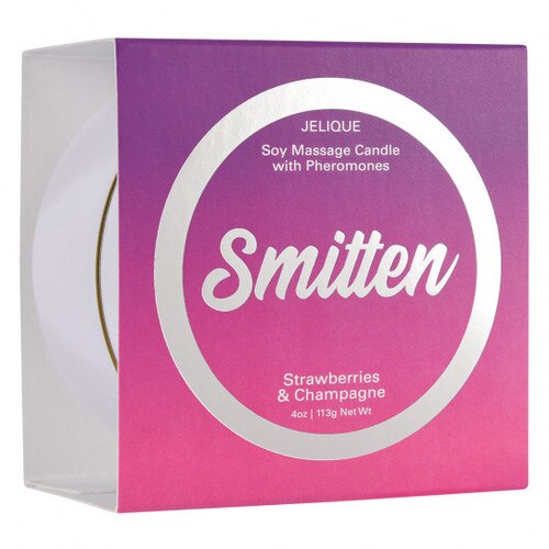Front view of box of Jelique Pheromone Massage Candle Smitten Strawberry Champagne on a white background